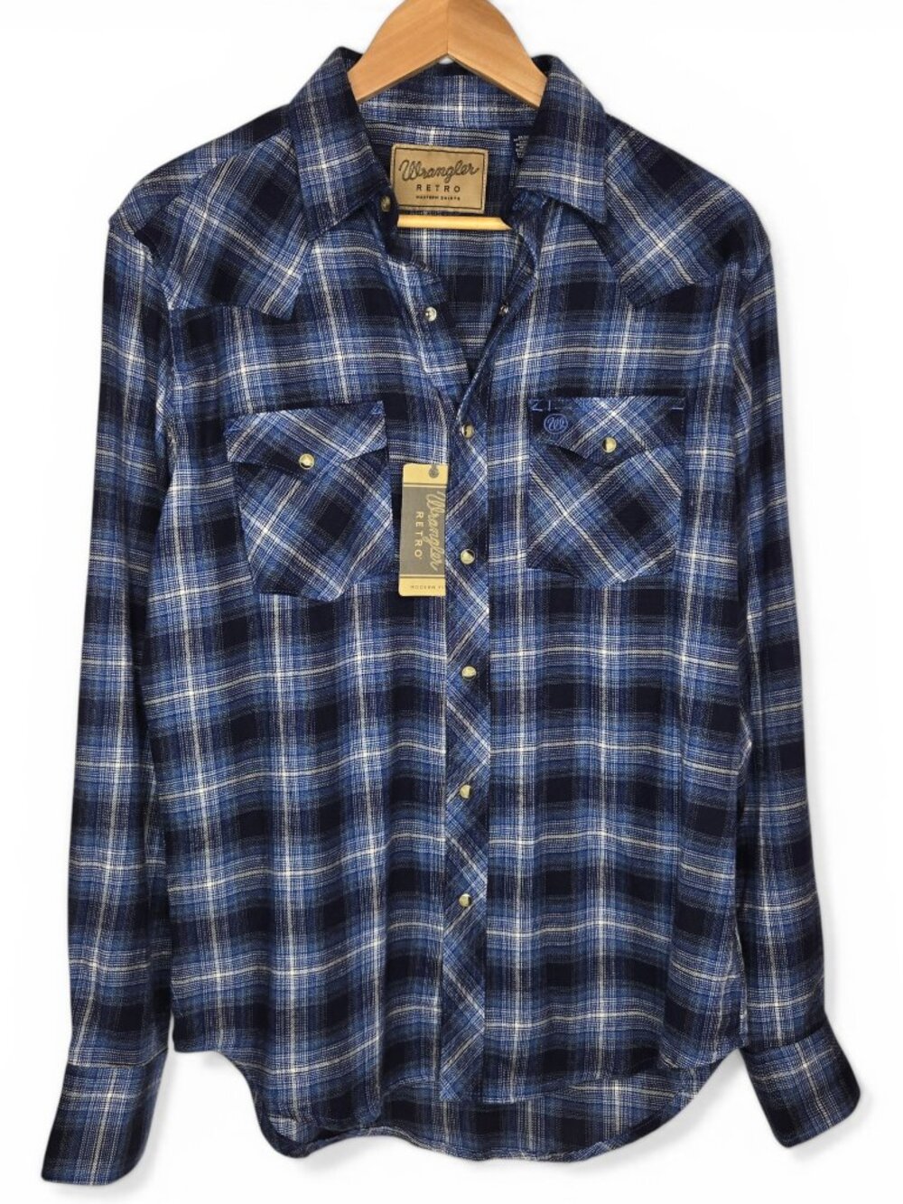 NWT Wrangler Retro Snap Button Flannel Button Up Shirt Men Blue Plaid Western M